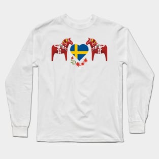 Swedish horse Dalas with Swedish flag heart and flowers. Long Sleeve T-Shirt